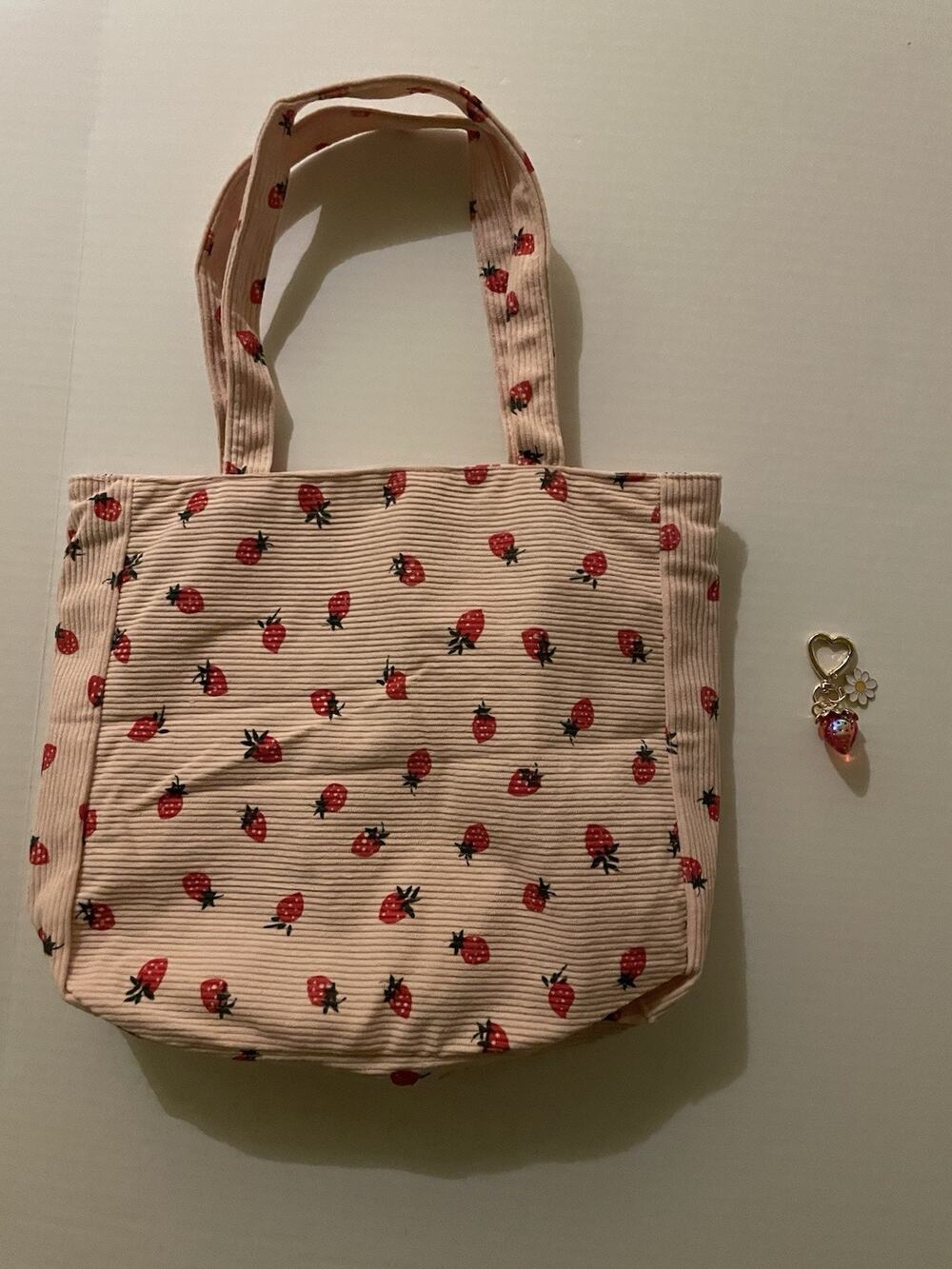 Pink Strawberry Corduroy Purse 15”x13” With Keychain Charm